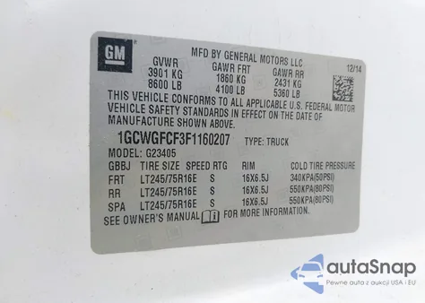 2015 Chevrolet Express 2500 Work Van z USA, uszkodzony, nr VIN 1GCWGFCF3F1160207